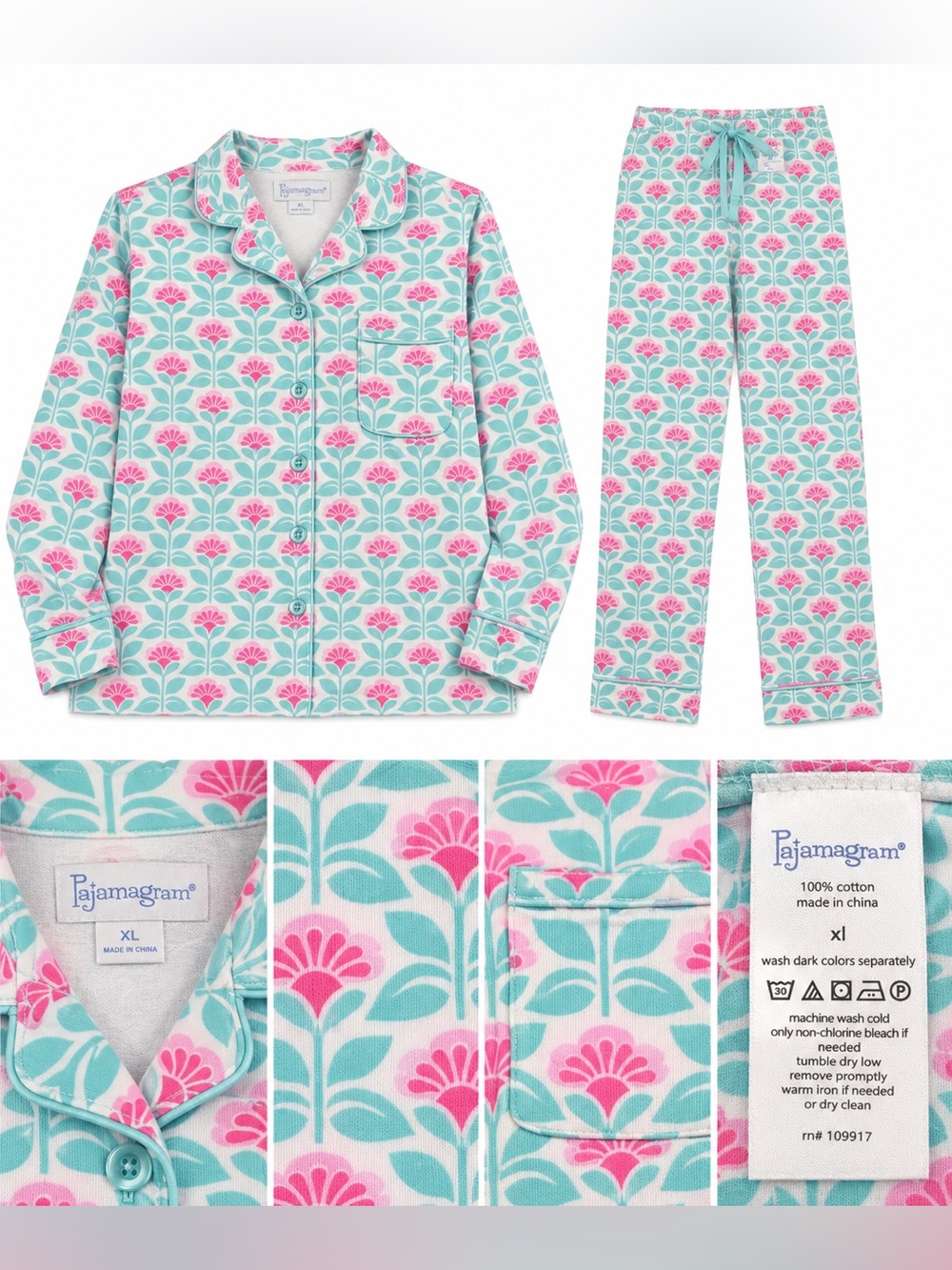 PajamaGram Floral Cotton Pajama Set Aqua Pink Women’s XL